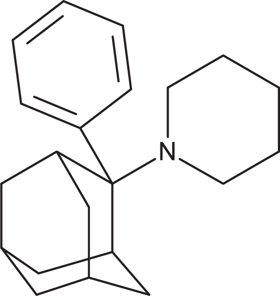 This image displays the chemical structure for 1-(2-Phenyladamantan-2-yl)piperidine