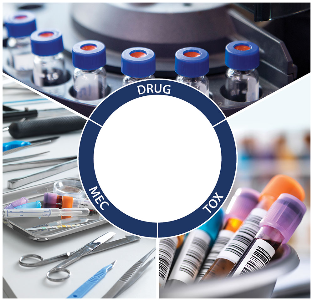 DRUG, MEC, and TOX in a circle with laboratory tools and vials of blood.